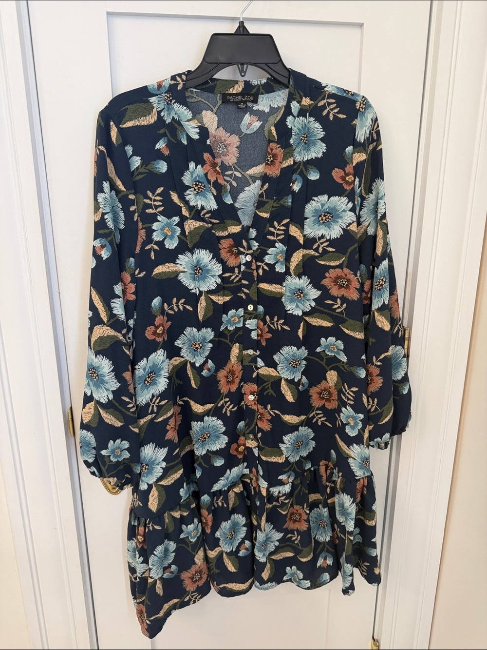 Navy Floral Long-Sleeve Button Tunic Dress